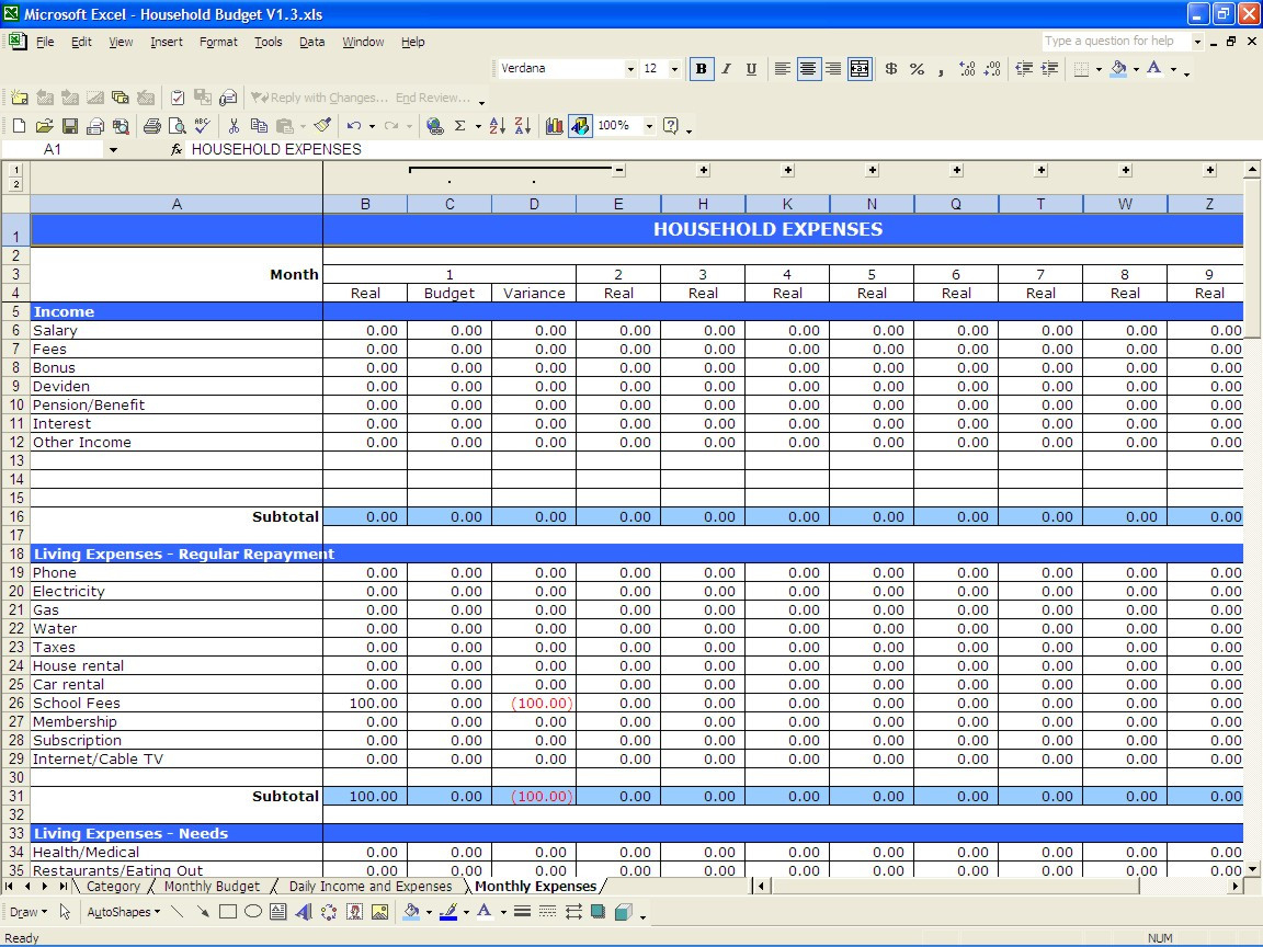 Sample Personal Budget Spreadsheet Or Monthly Household Bud for Personal Budget Spreadsheets