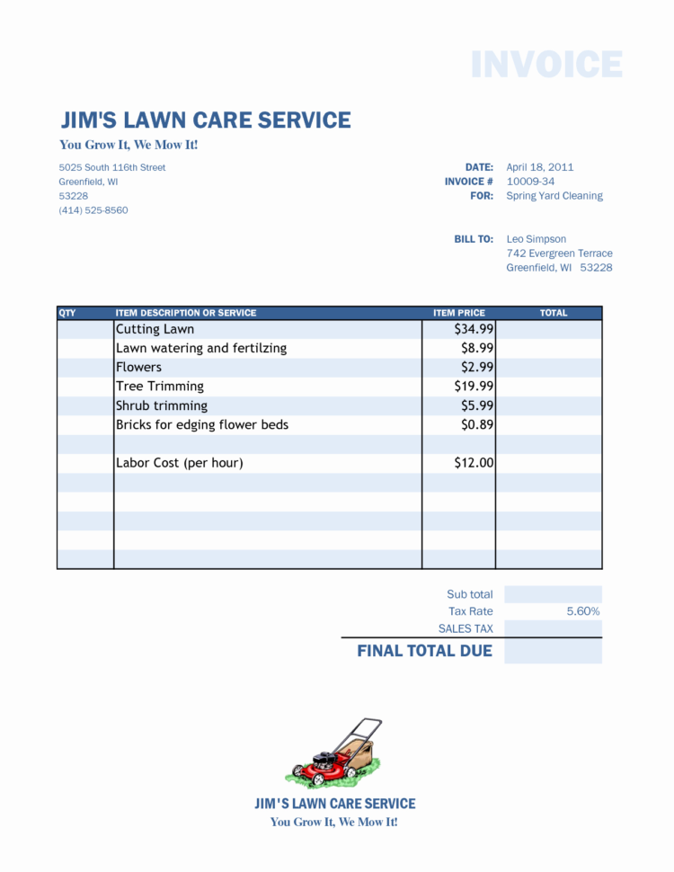 samples of lawn care invoices free lawn care invoice template free