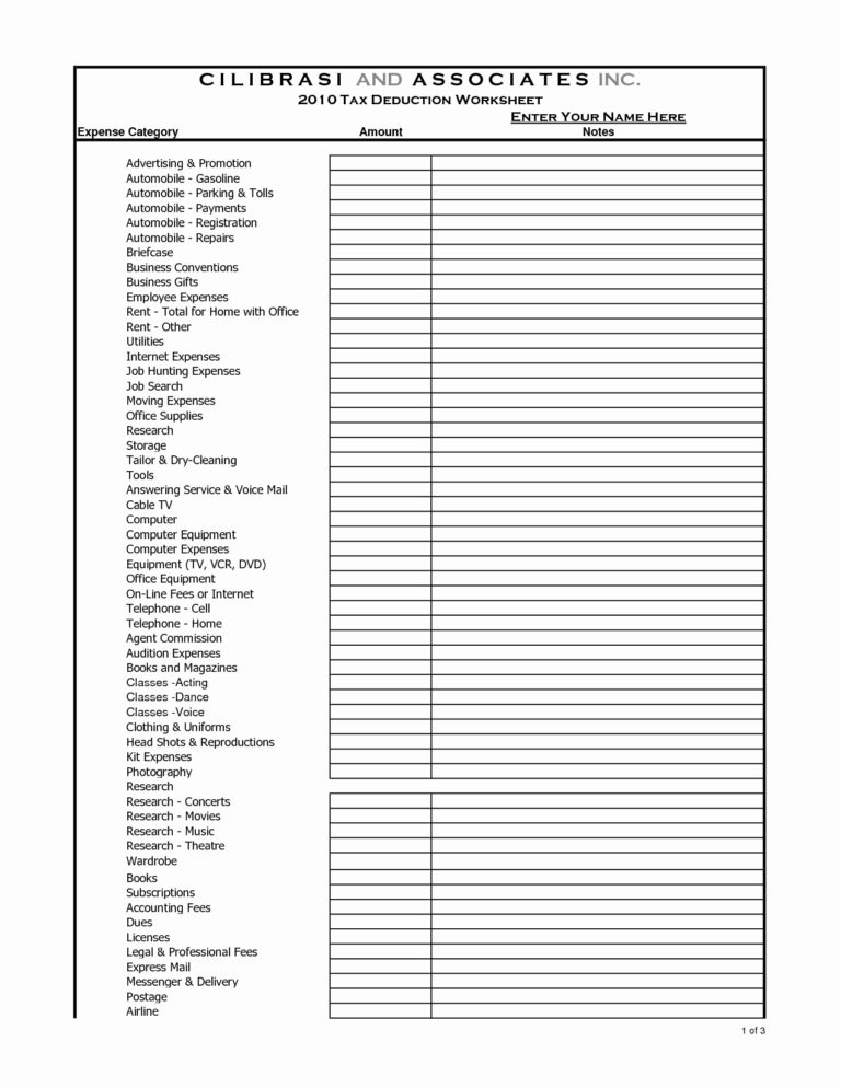 Business Expense Deductions Spreadsheet —