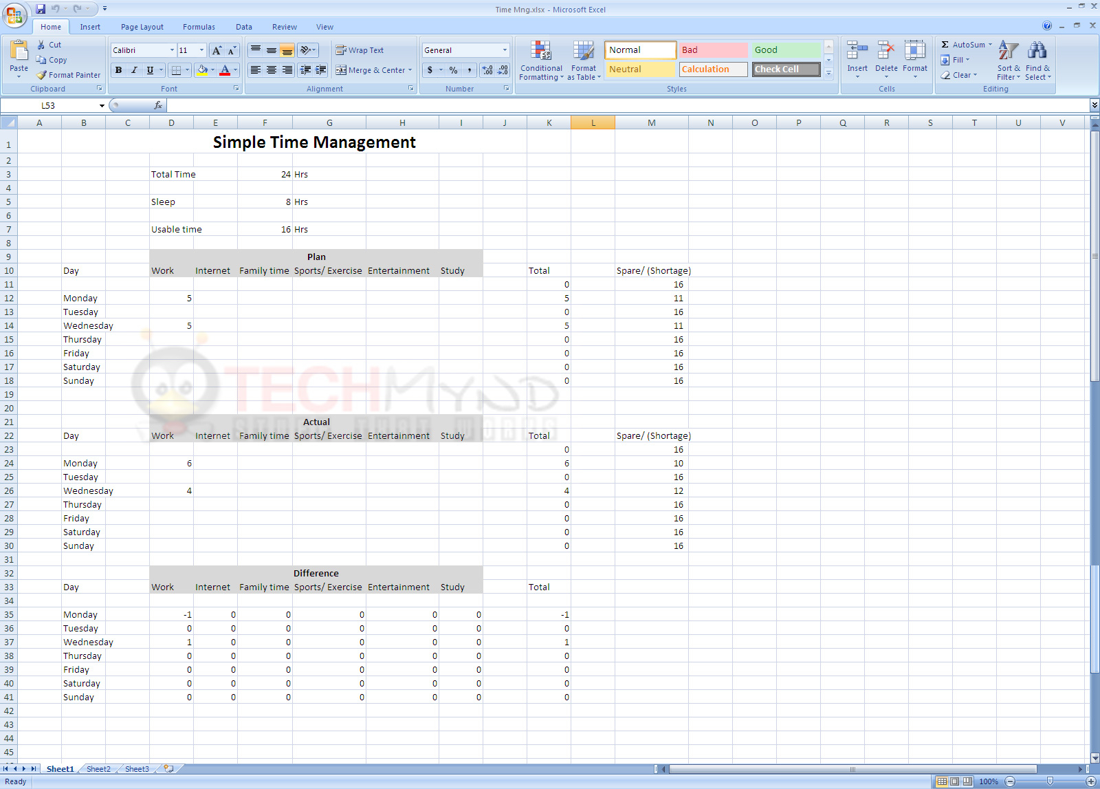 Time Management Using Simple Excel Sheet - Freebies - Techmynd For Time Management Excel Template
