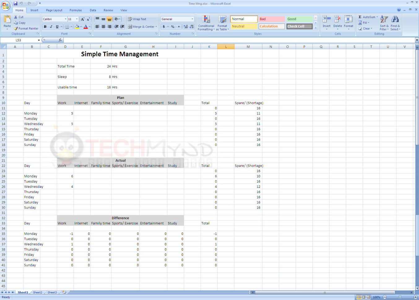 Time Management Using Simple Excel Sheet   Freebies   Techmynd With Time Management Templates Excel
