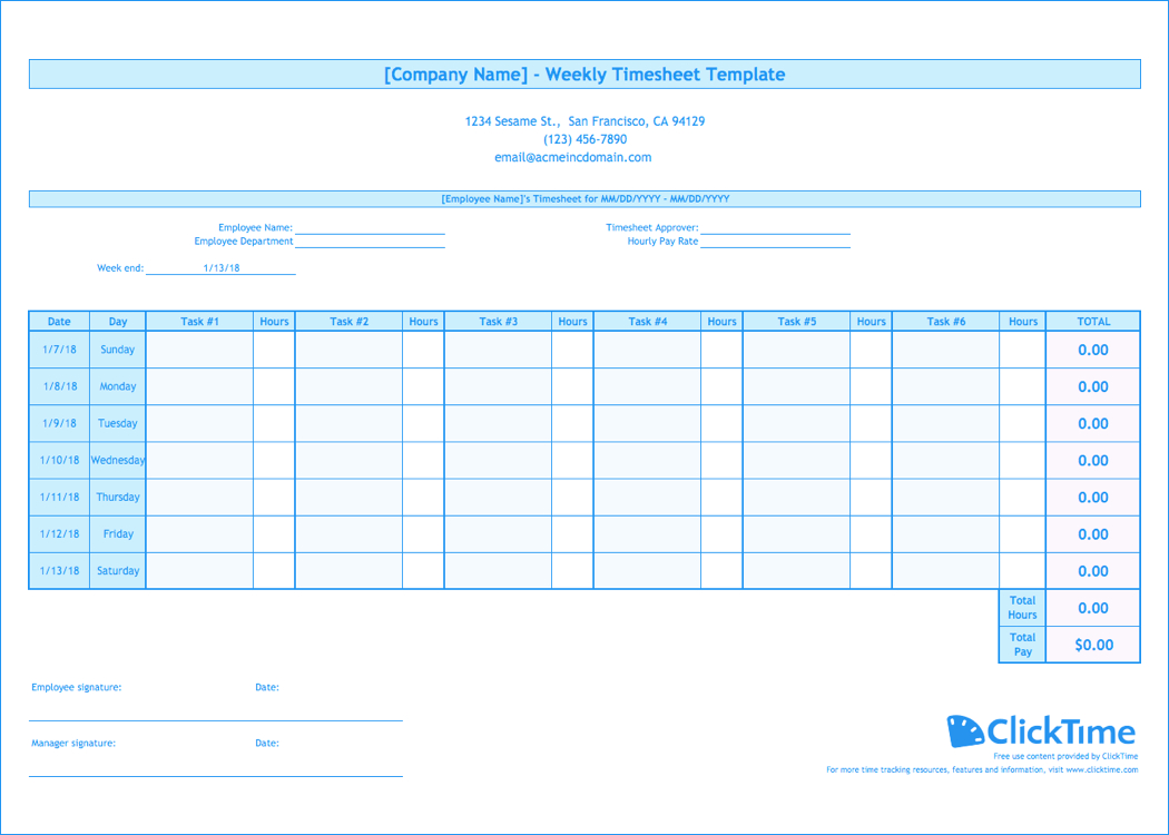 Weekly Timesheet Template | Free Excel Timesheets | Clicktime and Microsoft Excel Task Tracking Template