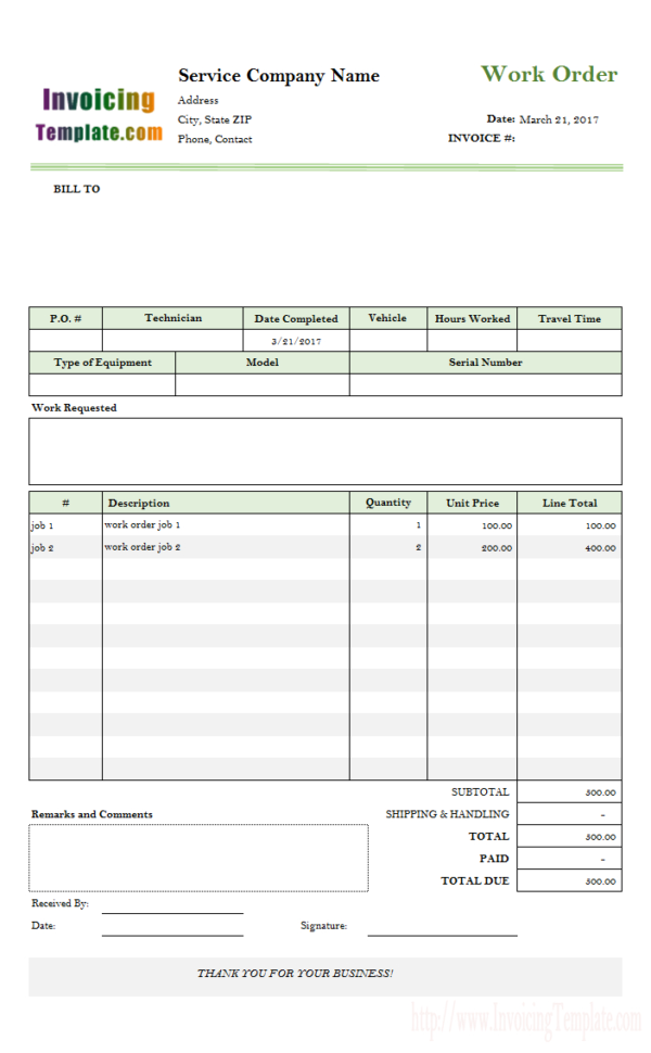 Work Order Template   Free Invoice Templates For Excel / Pdf Intended For Job Invoice Template