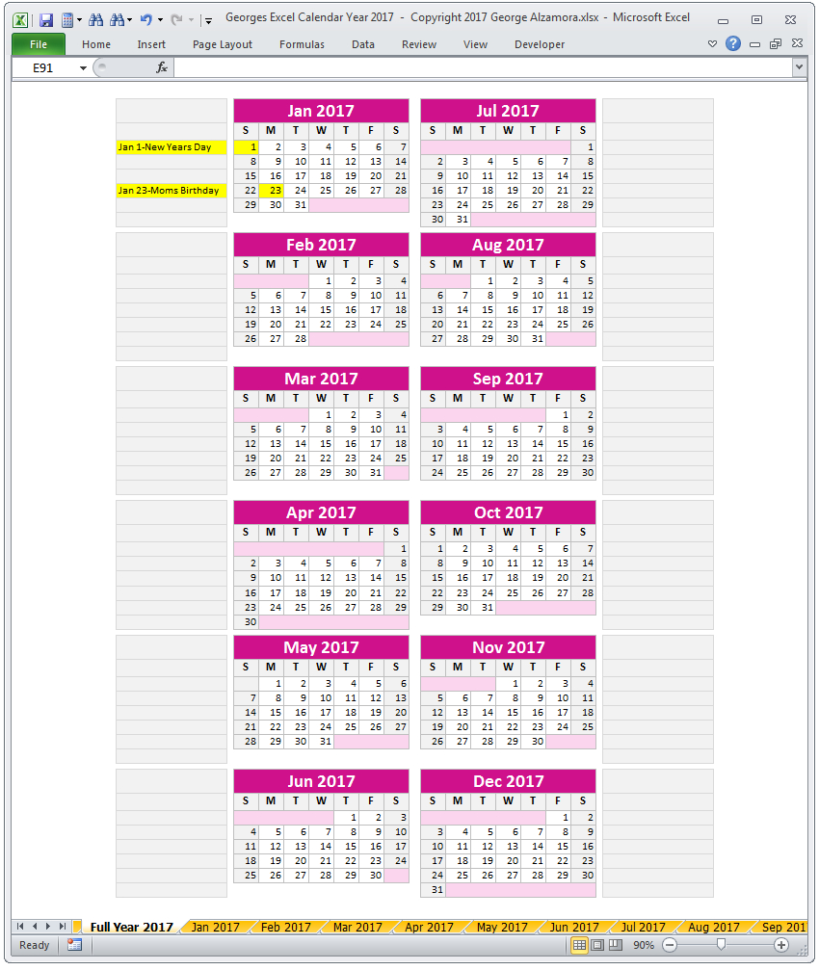 Year 2017 Excel Calendar Template   Monthly Calendar Spreadsheet For Excel Spreadsheet Software