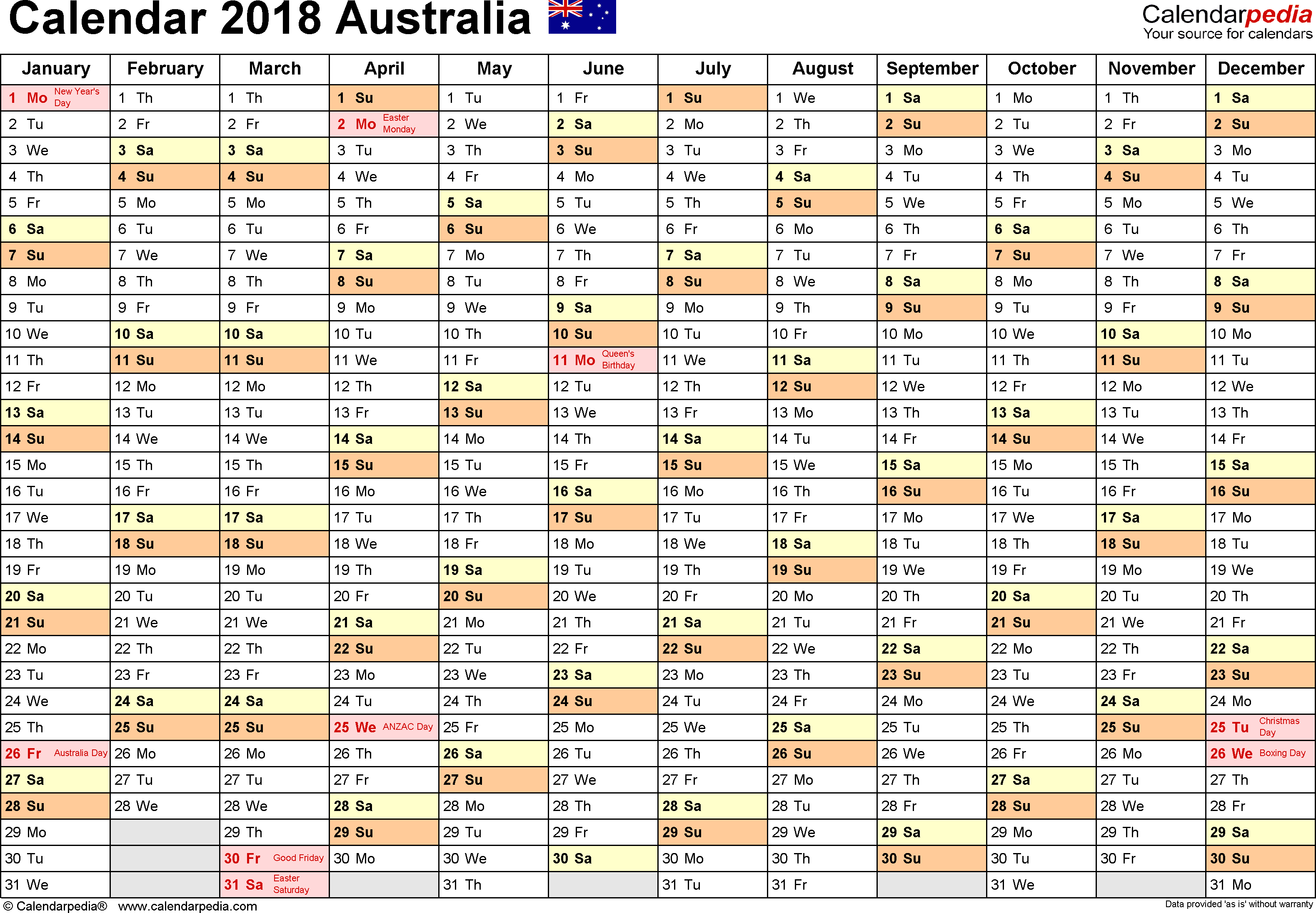 2018 Calendar Spreadsheet Intended For Australia Calendar 2018  Free Printable Excel Templates