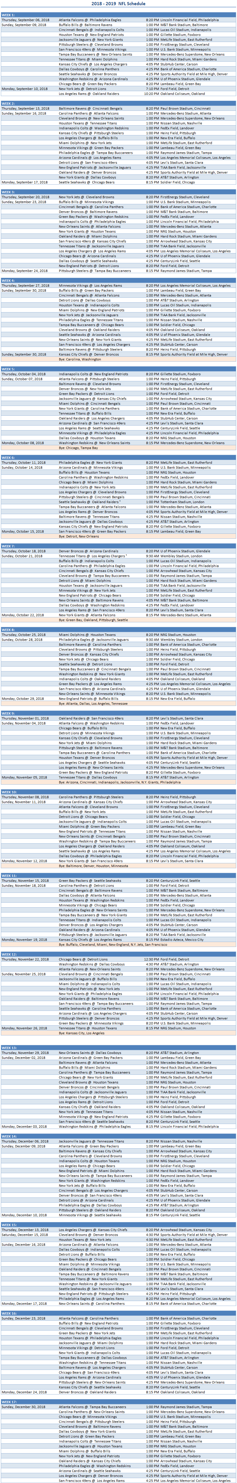 2018 Excel Spreadsheet Of Nfl Schedule In Nfl 2018 Schedule