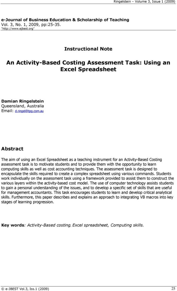 Activity Based Costing Spreadsheet For An Activitybased Costing Assessment Task: Using An Excel
