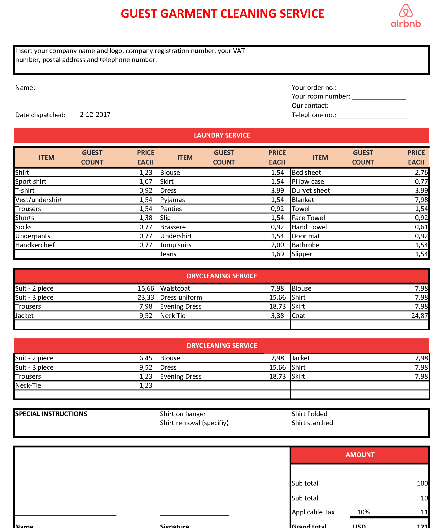 Airbnb Spreadsheet Template Pertaining To Airbnb Guest Garment Cleaning  Templates At Allbusinesstemplates