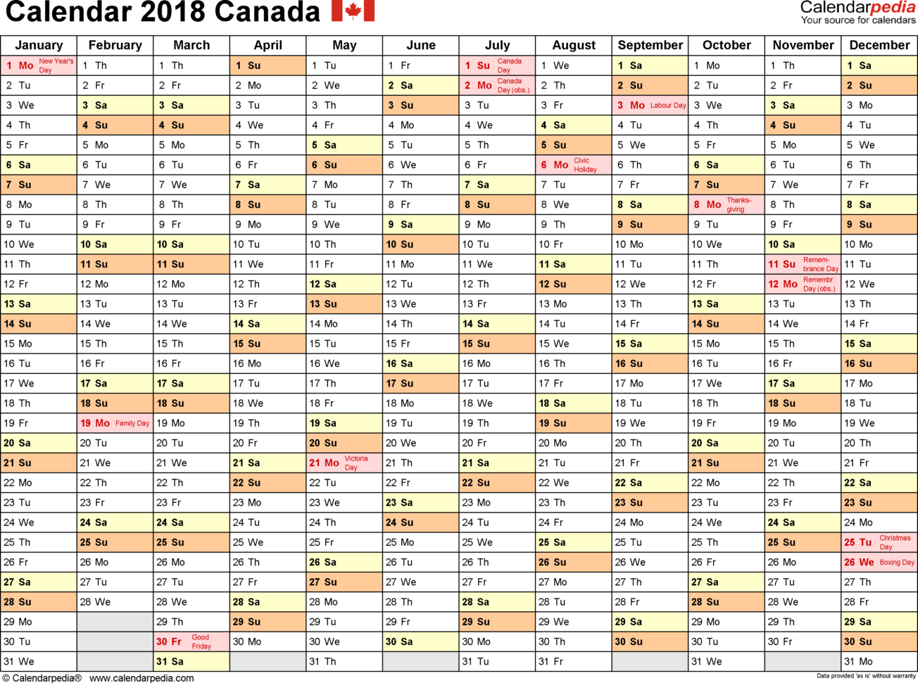 Annual Leave Spreadsheet 2018 Inside Canada Calendar 2018  Free Printable Excel Templates