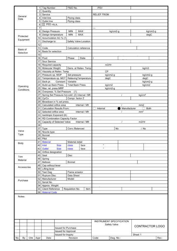 Api 520 Psv Sizing Spreadsheet In Typical Safety Relief Valve Datasheet 