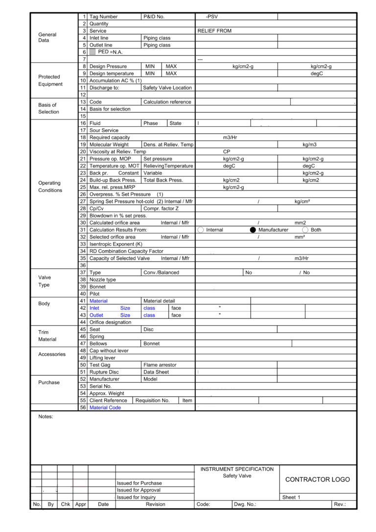 Api 520 Psv Sizing Spreadsheet in Typical Safety Relief Valve Datasheet ...