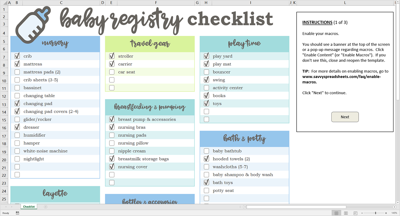 Baby Excel Spreadsheet With Baby Registry Checklist  Excel Template  Savvy Spreadsheets