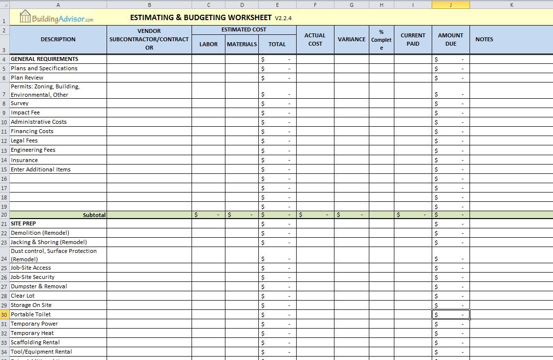 Basement Estimate Spreadsheet With Remodeling Estimate Template Sample Worksheets Kitchen Basement