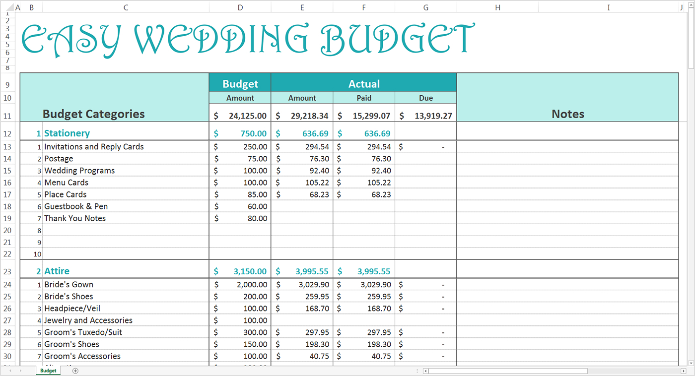 Wedding Budget Spreadsheet Template Excel