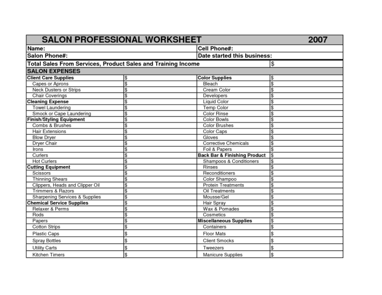 Beauty Salon Budget Spreadsheet For Hair Stylist Income Spreadsheet