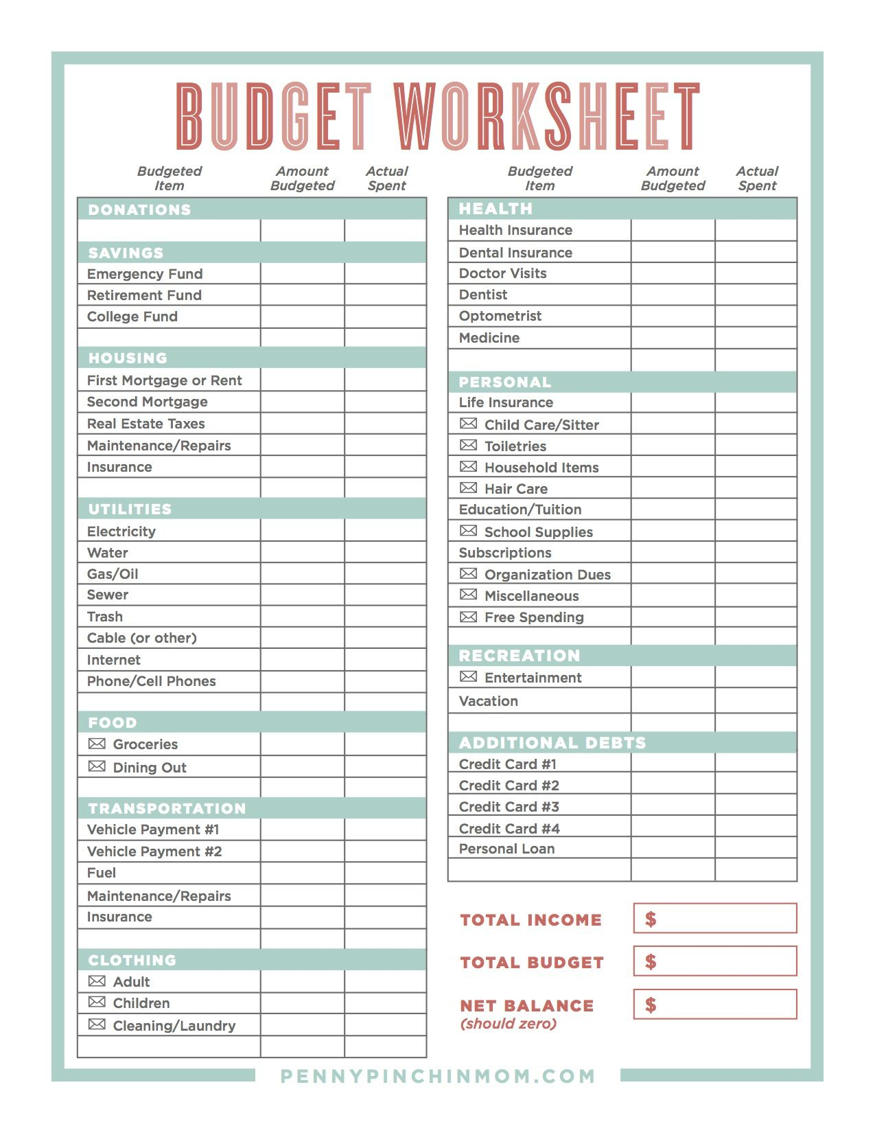 Creating A Budget Worksheet For Middle School Students