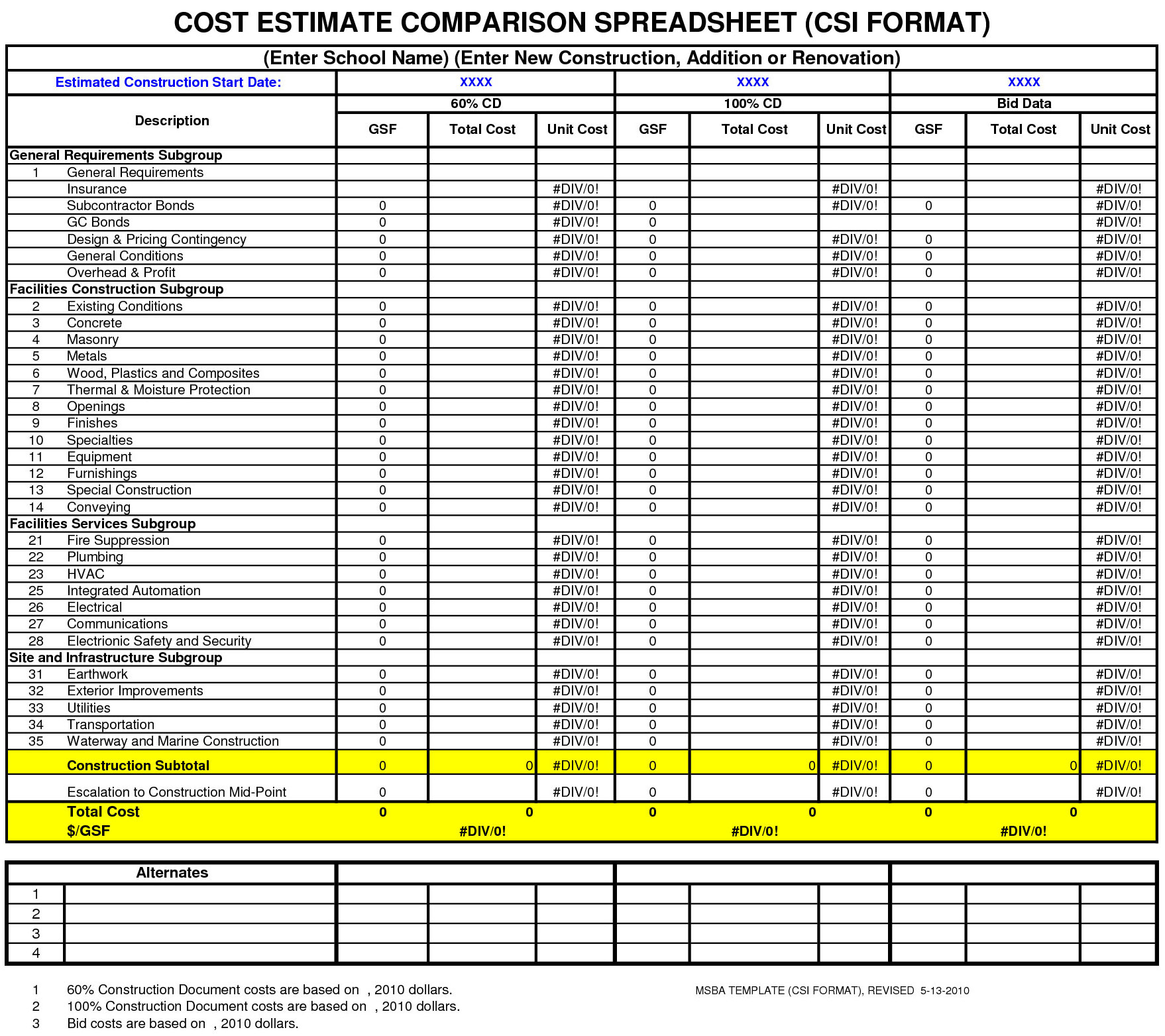 Bid Comparison Spreadsheet intended for Cost Estimate Comparison
