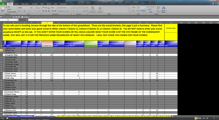 Bowling Prize Fund Spreadsheet inside Eliminator Bracket Excel Software