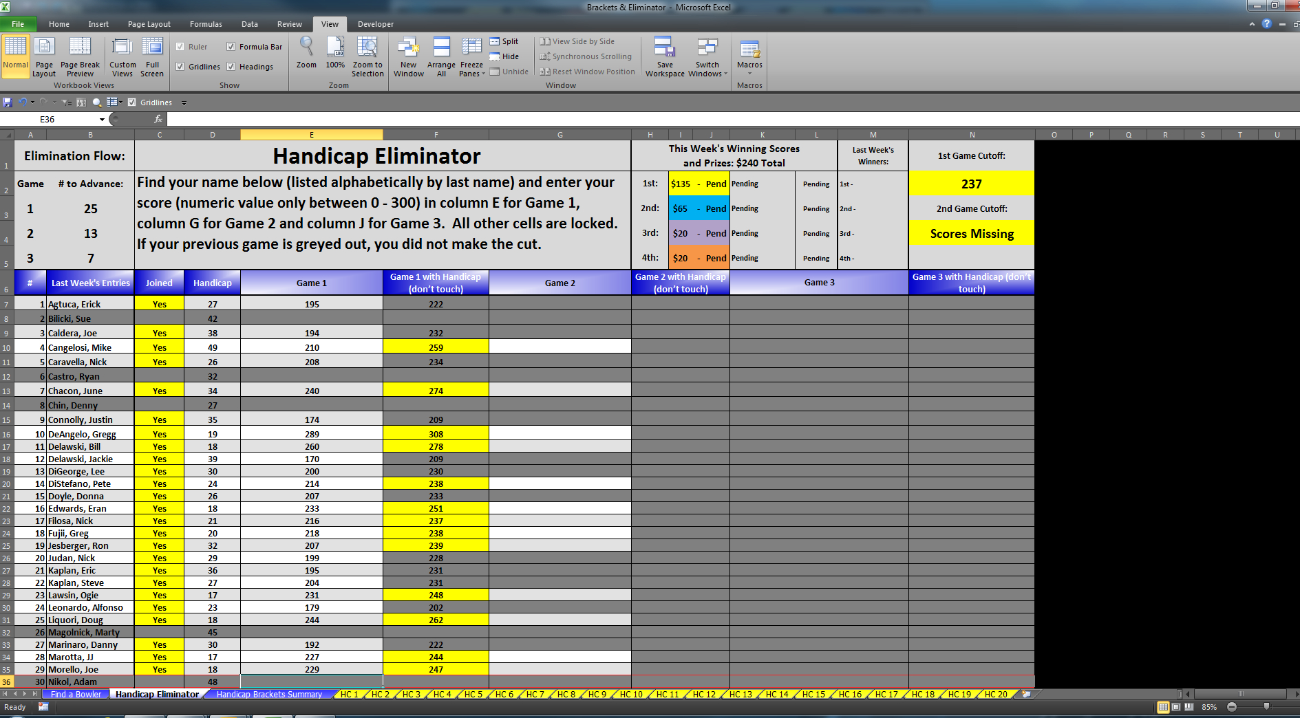 Bowling Prize Fund Spreadsheet Throughout Eliminator  Bracket Excel Software For Sale!  For Sale/wanted