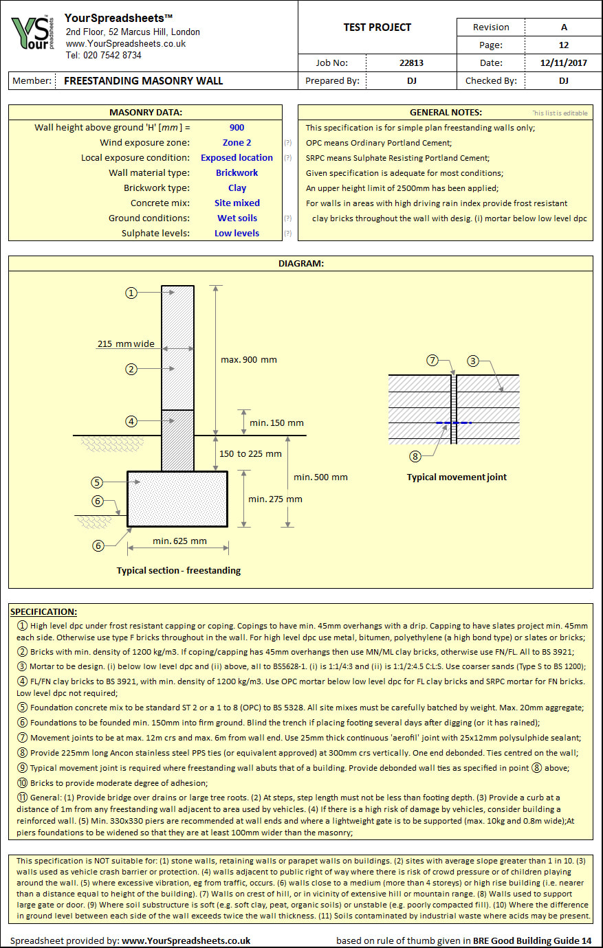 Bre 365 Spreadsheet Throughout Masonry Freestanding Wall  Quick Spec Spreadsheet To Bre Gbg 14