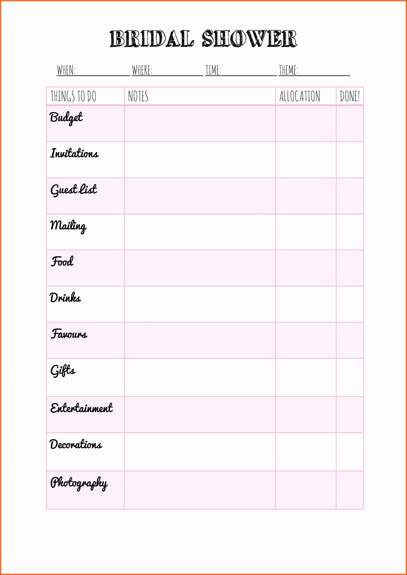 Bridal Shower Planning Spreadsheet with regard to Wedding Planner