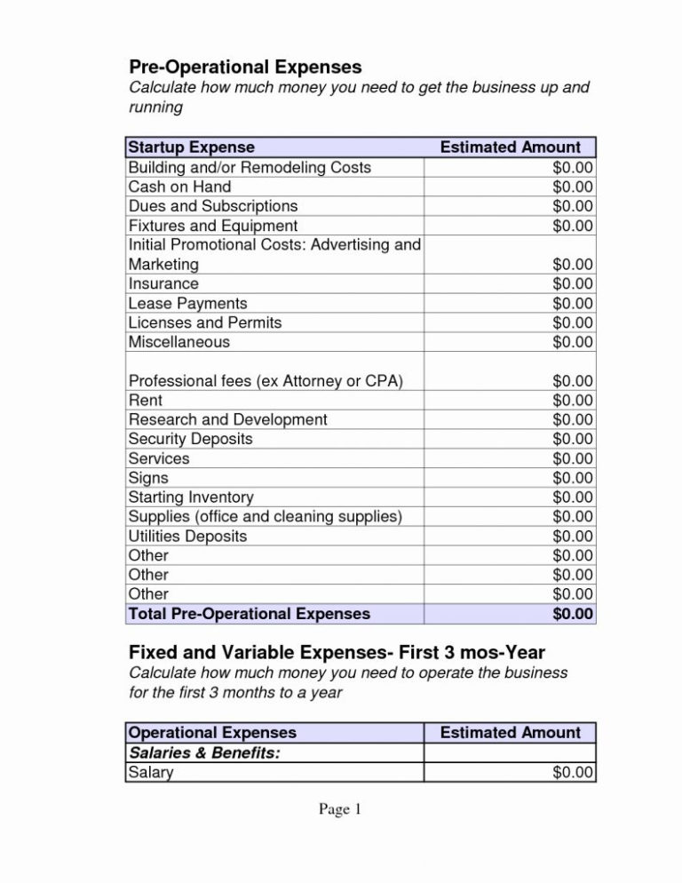 Business Startup Spreadsheet inside Startup Expenses Template Sample