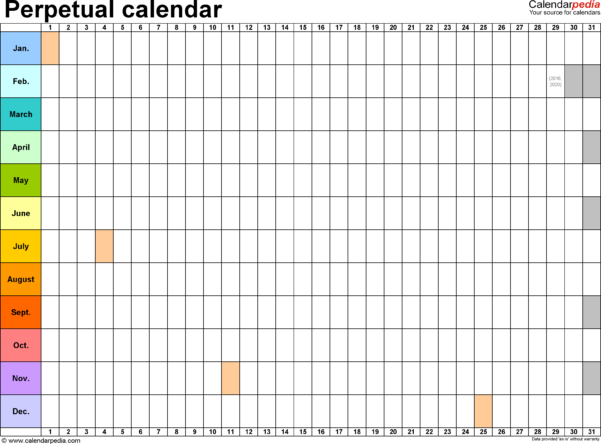 Calendar Spreadsheet Template within Perpetual Calendars 7 Free ...