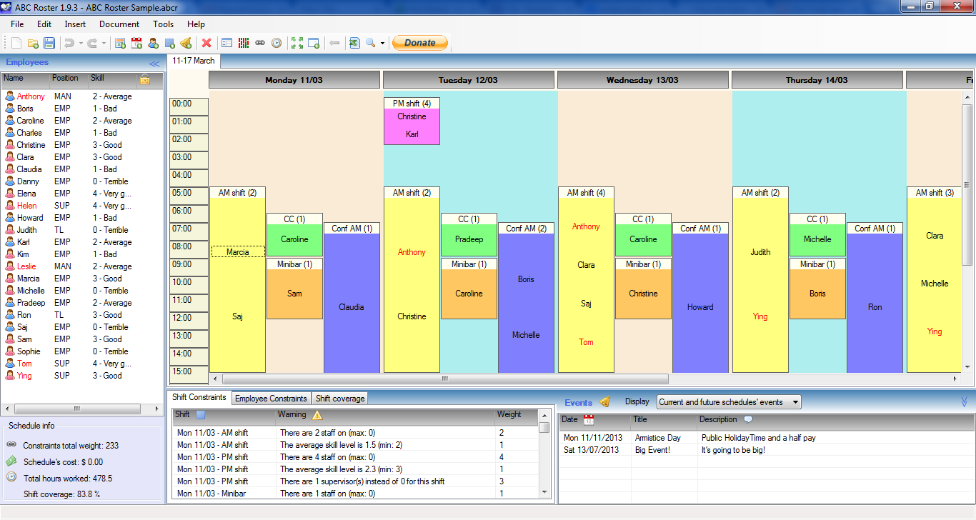 Call Center Shift Scheduling Excel Spreadsheet In Abc Roster  A Free Software Application For Employee Shift Scheduling