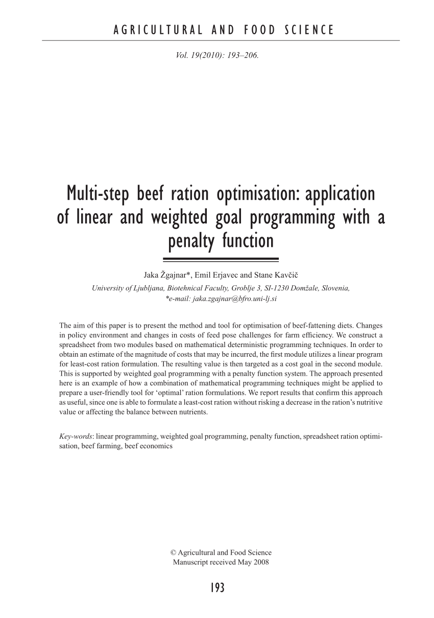 Cattle Ration Spreadsheet pertaining to Pdf Multistep Beef Ration Optimisation: Application Of Linear And