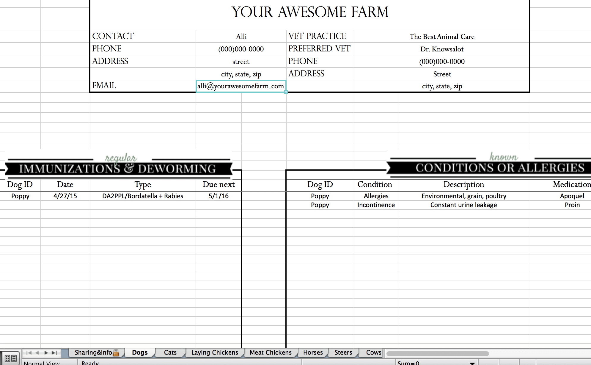 Cattle Record Keeping Spreadsheet With Regard To Animal Records Spreadsheet