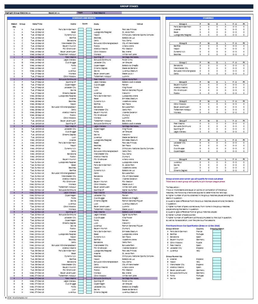 Champions League Spreadsheet Pertaining To 2018/2019 Champions League Fixtures And Scoresheet