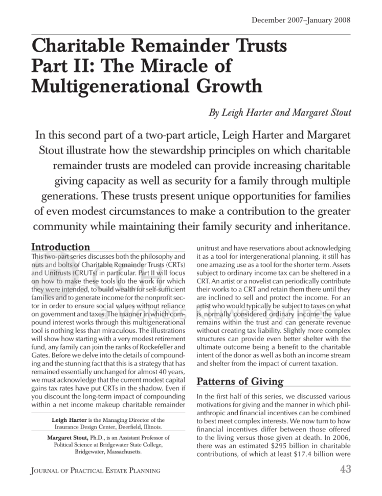 Charitable Remainder Trust Spreadsheet Within Pdf Charitable Remainder Trusts Part Ii: The Miracle Of