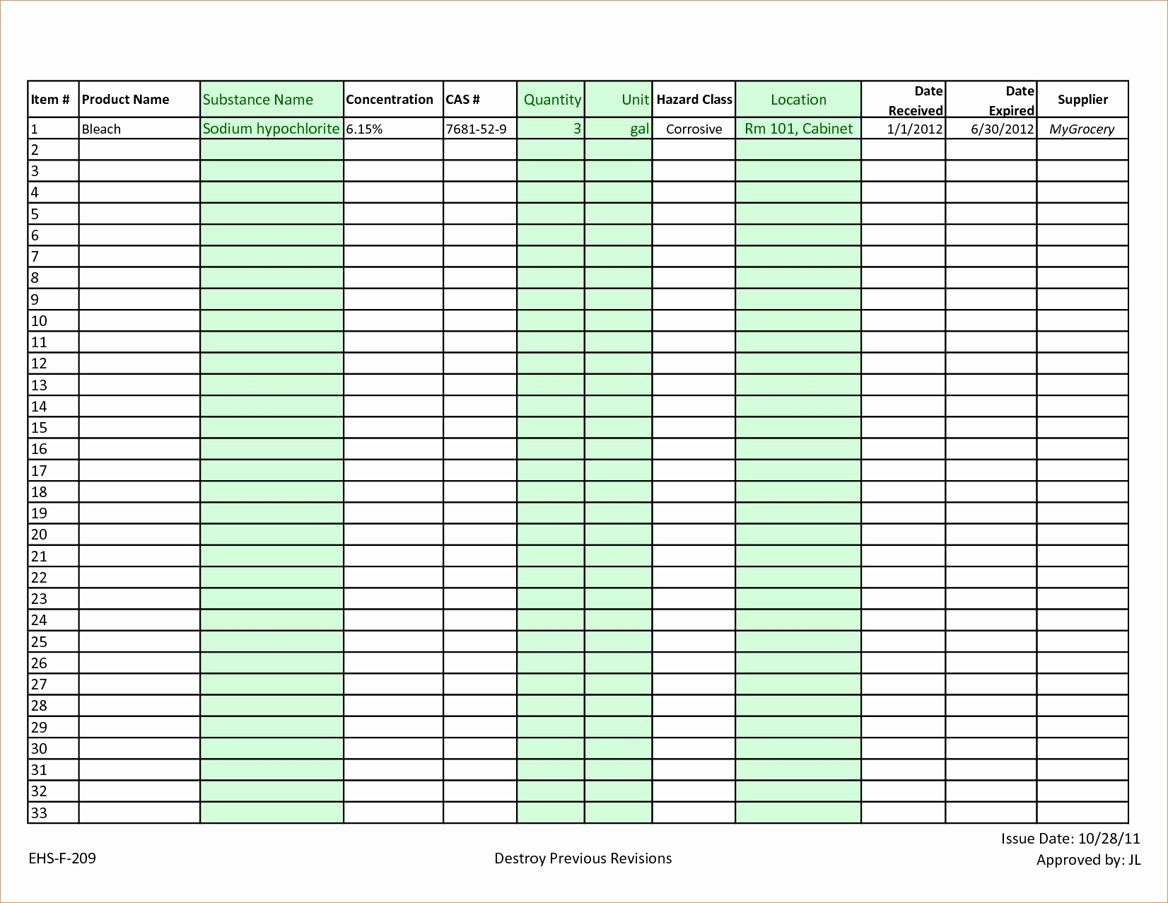 Chemical Inventory Spreadsheet in Chemical Inventory Template Excel