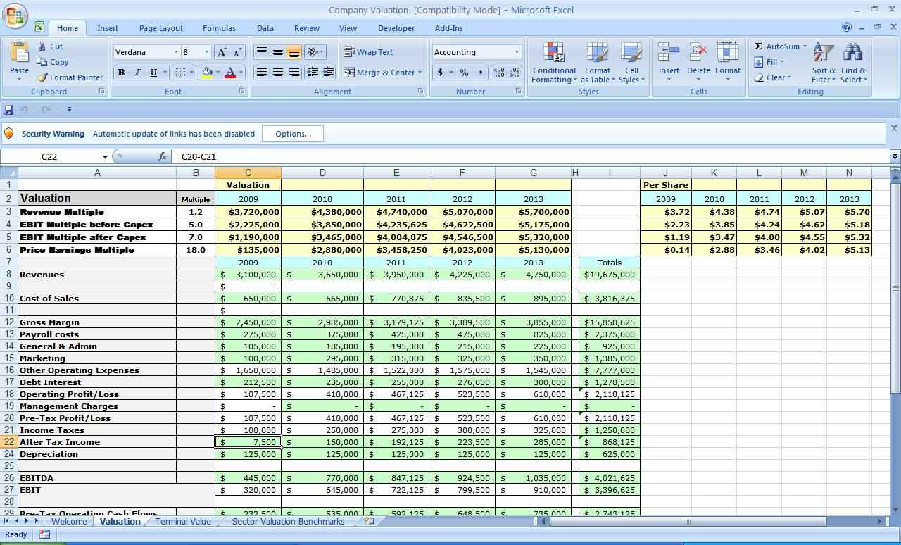 Company Valuation Excel Spreadsheet —