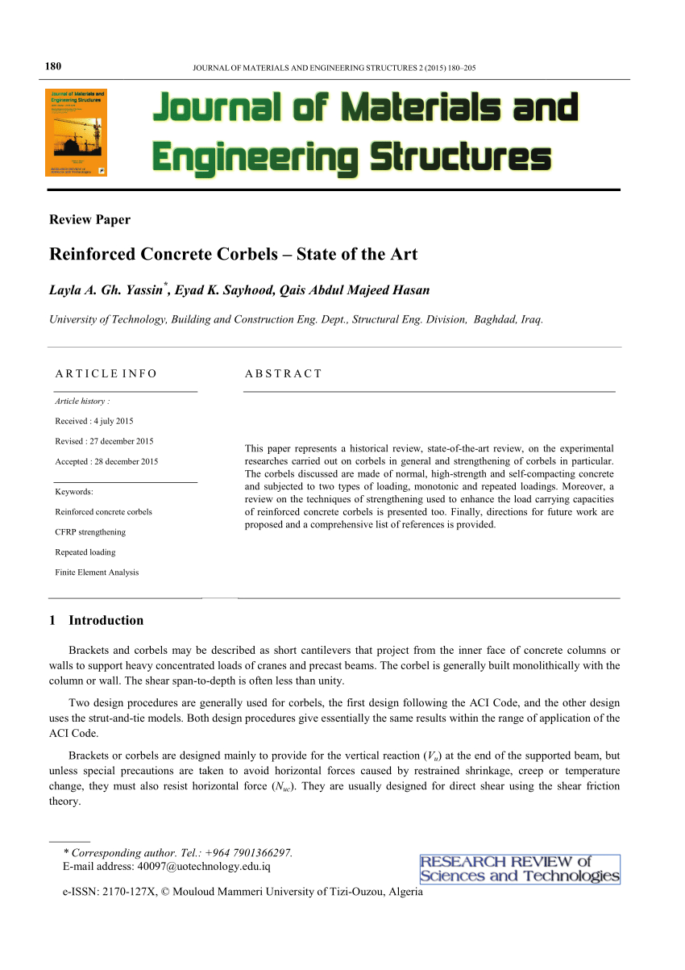 Concrete Corbel Design Spreadsheet Within Pdf Reinforced Concrete Corbelsstate Of The Art A R T I C L E I N F O