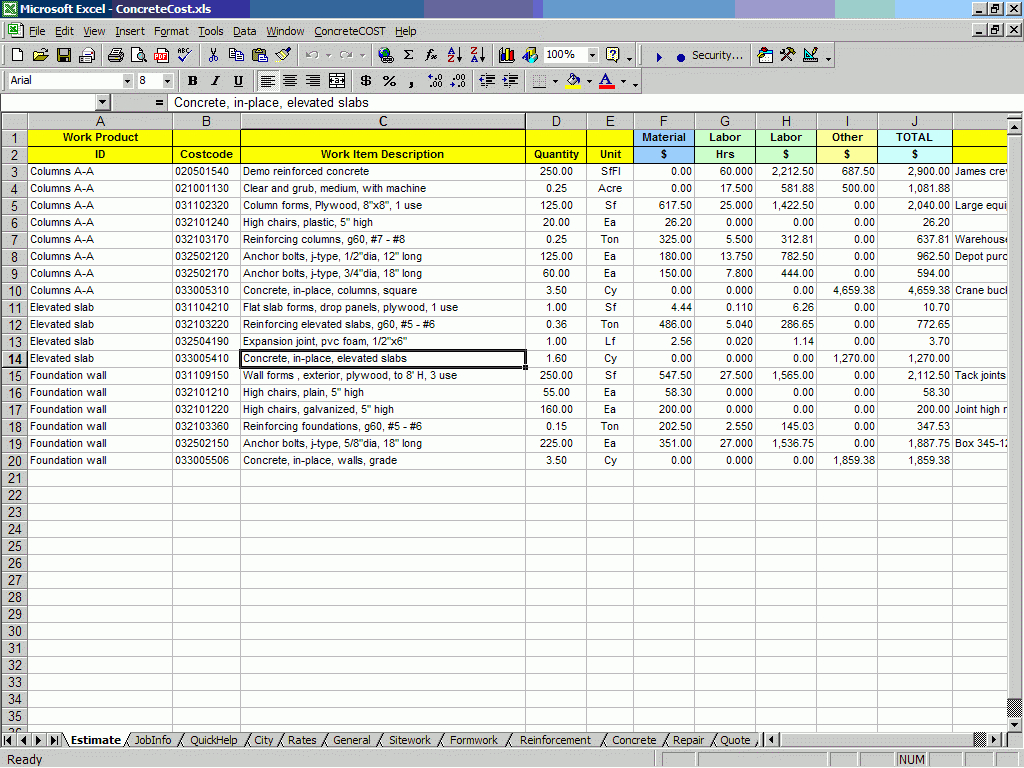 Concrete Estimating Spreadsheet In Concrete Construction Cost Estimating Software For Excel