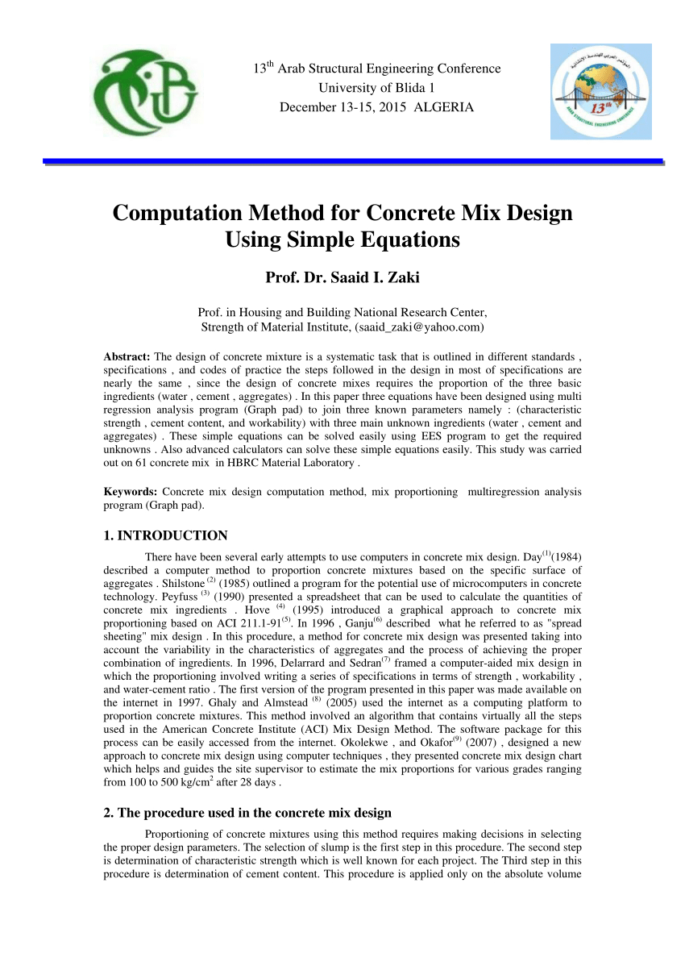 Concrete Mix Design Spreadsheet With Regard To Pdf Computation Method For Concrete Mix Design Using Simple Equations