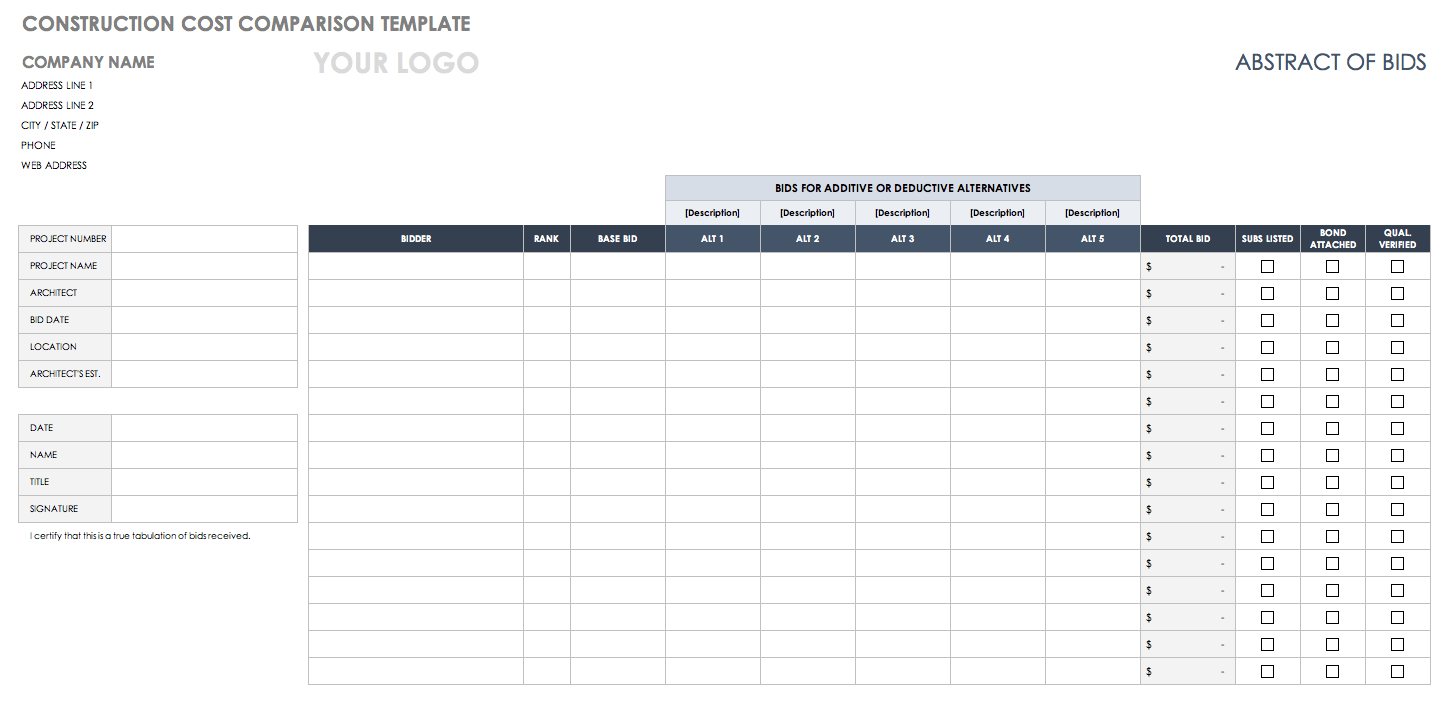 Construction Bid Comparison Spreadsheet For Free Price Comparison 