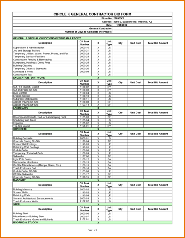 Construction Bid Comparison Spreadsheet Db excel