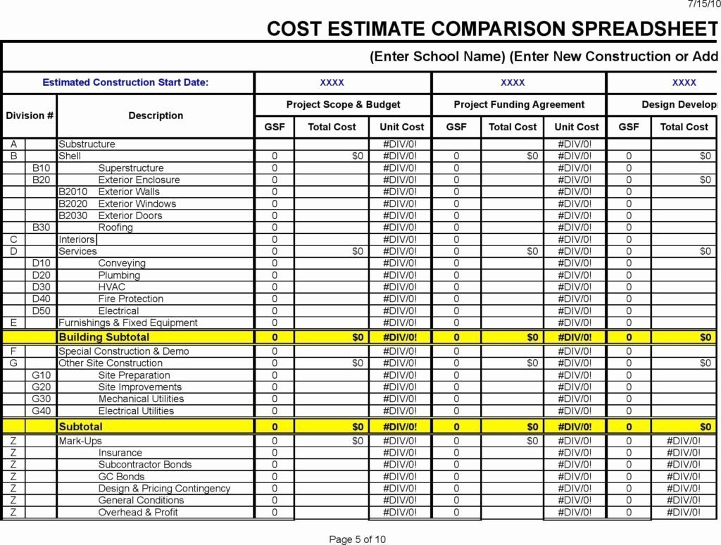 Construction Divisions Spreadsheet With Regard To Construction Divisions Spreadsheet Sheet Fresh Cost Estimate
