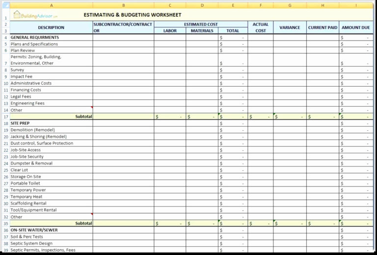 Construction Material Tracking Spreadsheet regarding Construction Bid ...