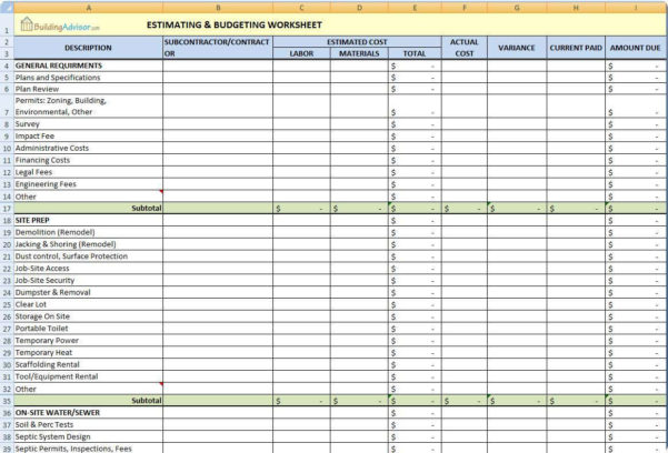 Construction Spreadsheet Examples in Spreadsheet Example Of Home ...