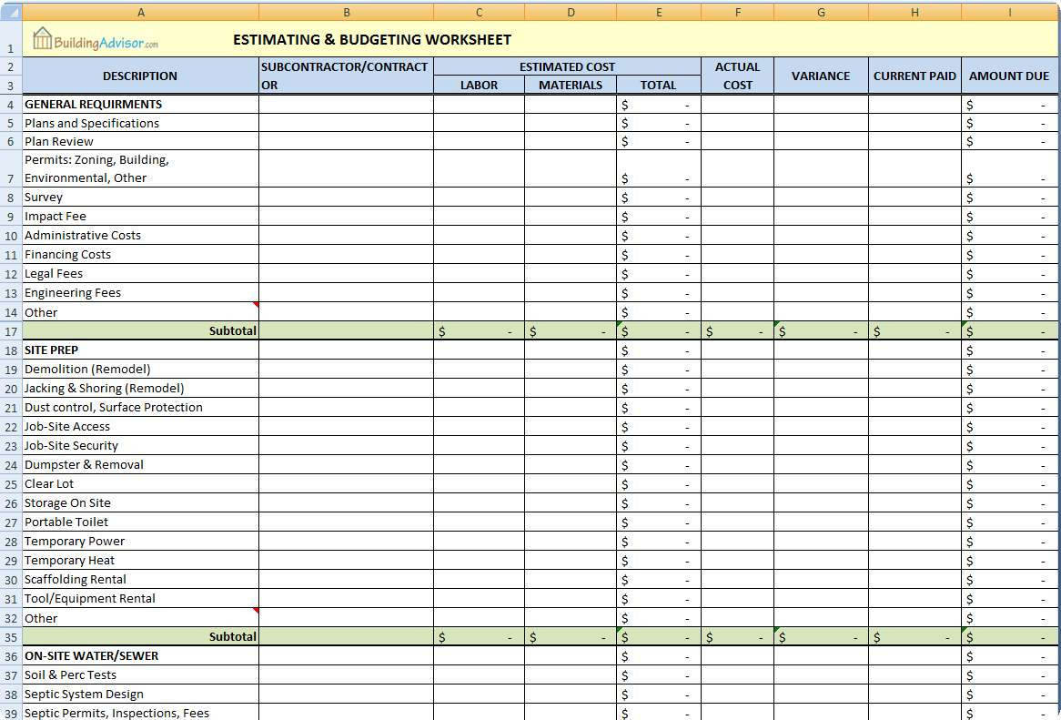 Construction Spreadsheet Examples in Spreadsheet Example Of Home