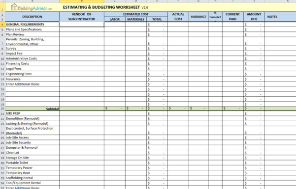 Construction Spreadsheet with regard to Construction Cost Estimate ...