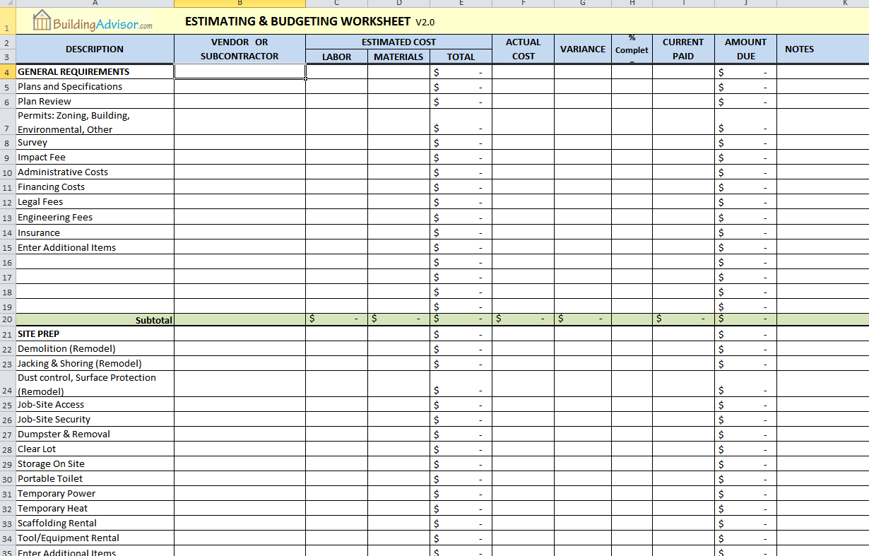 Home building estimate spreadsheet
