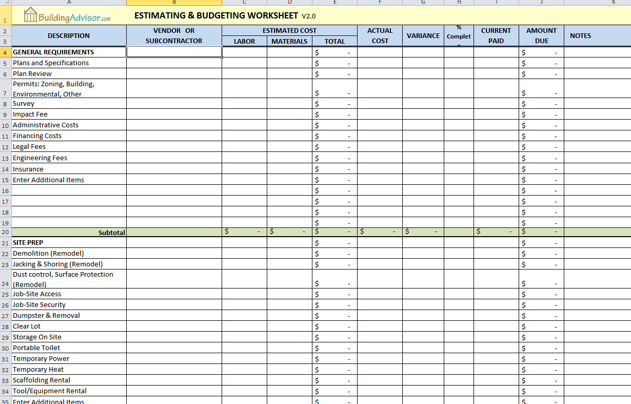 Construction Spreadsheet with regard to Construction Cost 