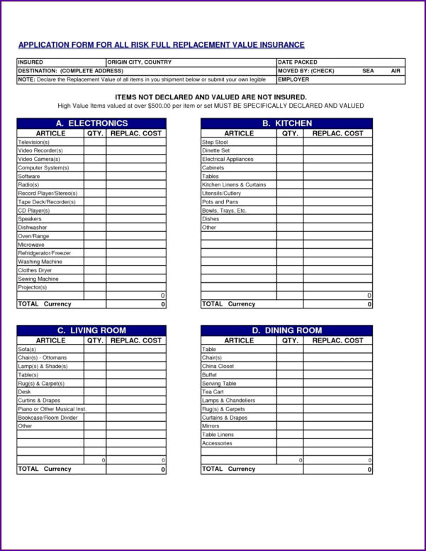 Contents Insurance Checklist Spreadsheet —