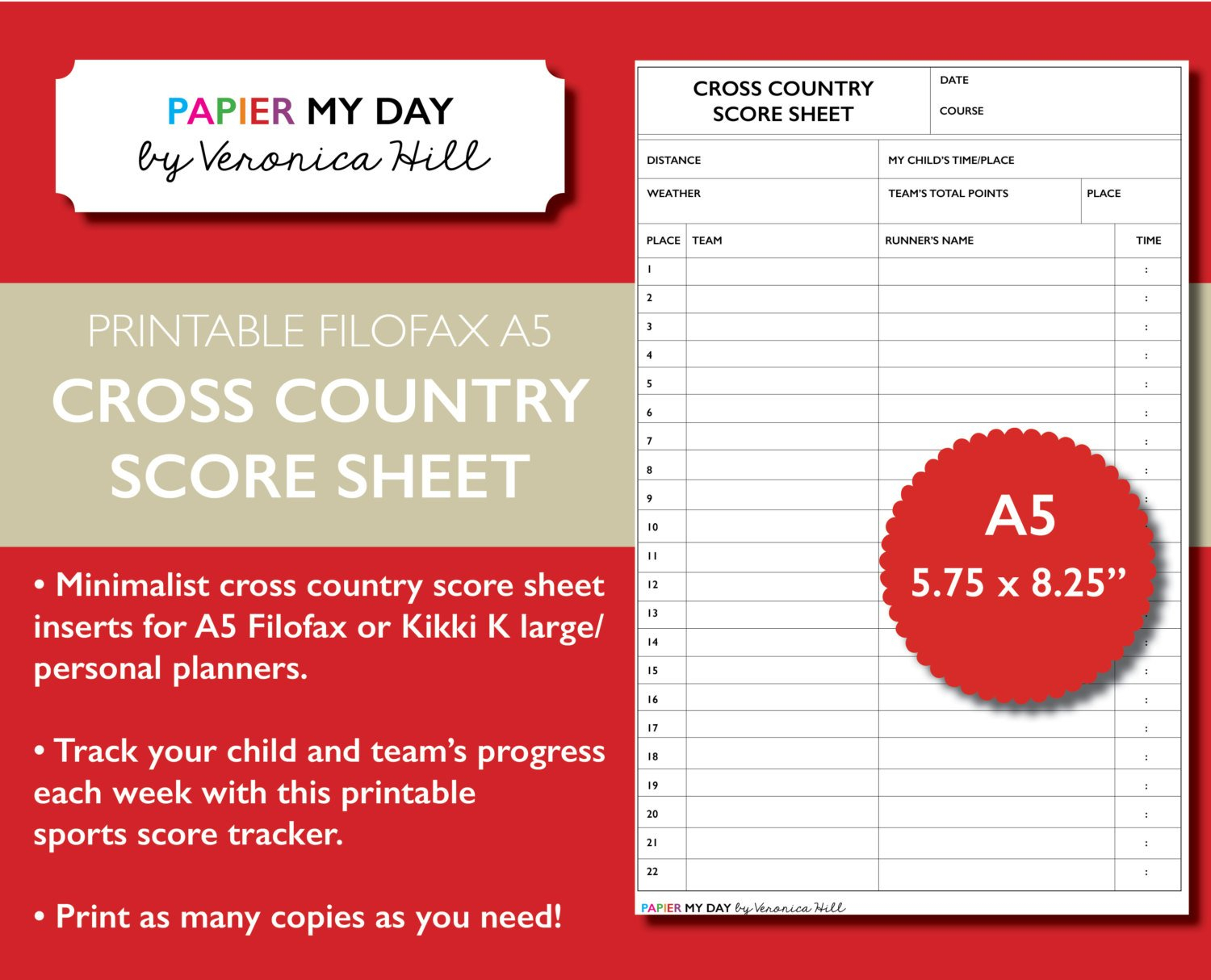 Cross Country Scoring Spreadsheet With Printable A5 Filofax Cross