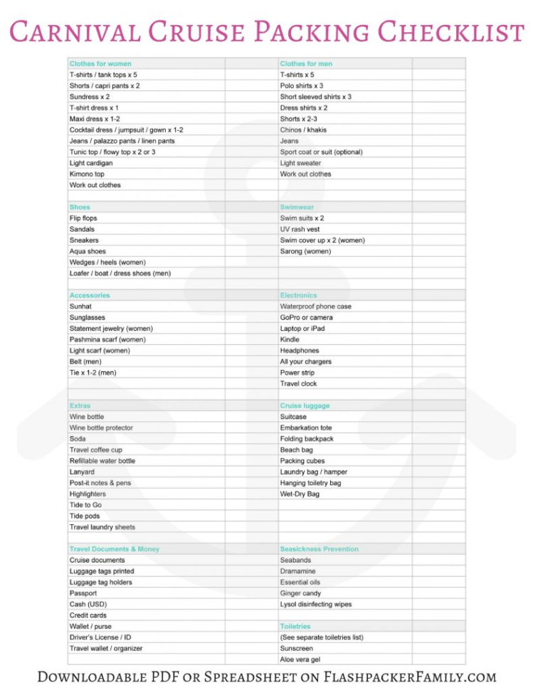 Cruise Planning Spreadsheet Regarding Carnival Cruise Packing List