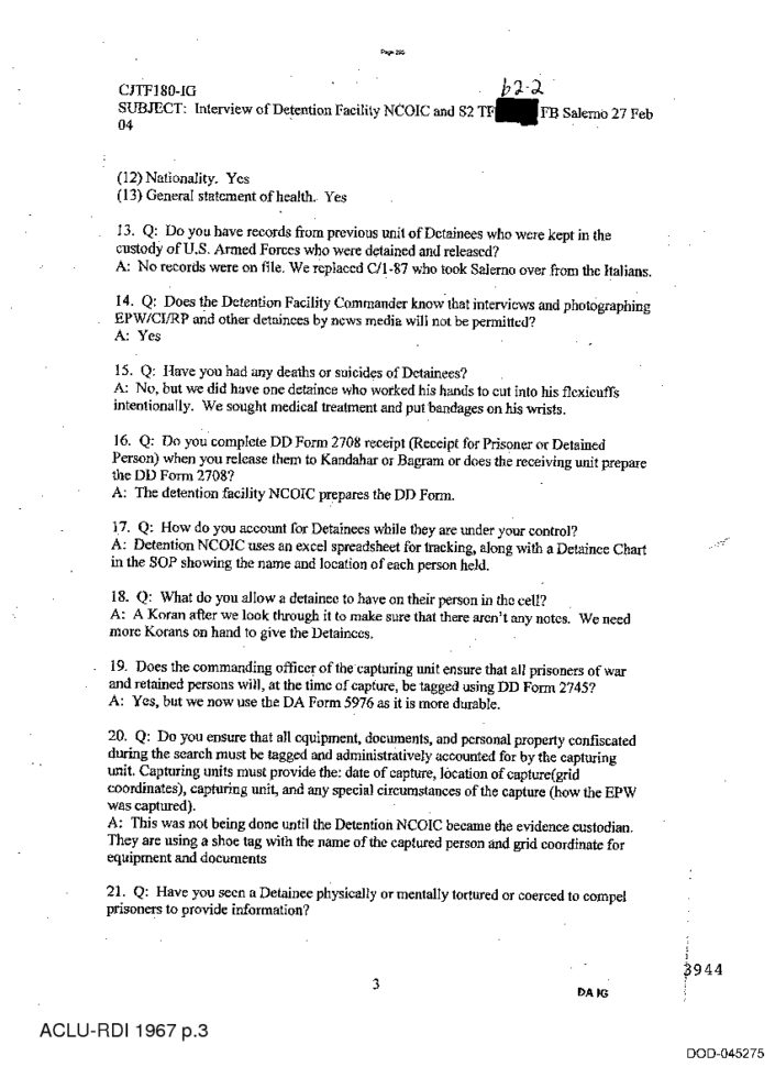Custody Tracking Spreadsheet For Army Memo Re: Interview Of Detention Facility Ncoic And S2 At Foward Custody Tracking Spreadsheet For Army Memo Re: Interview Of Detention Facility Ncoic And S2 At Foward